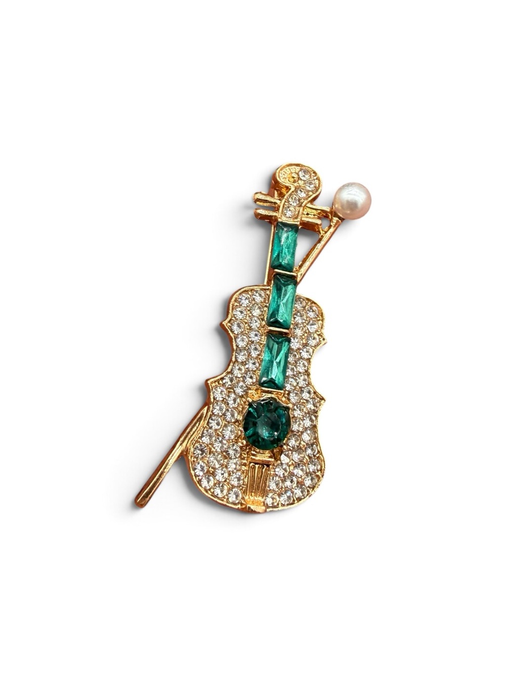 Gold-Tone Emerald and Clear Violin Brooch with Pearl Accent